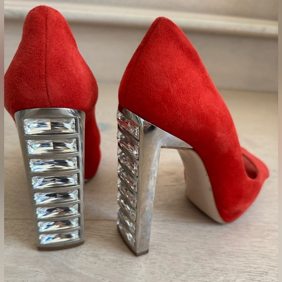 Miu Miu Shoes - MIU MIU red suede peep toe crystal heels size 36